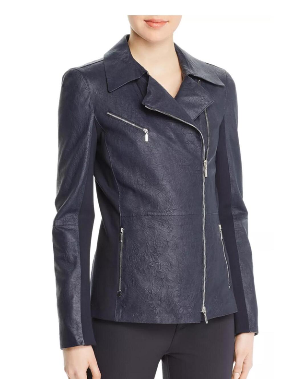 Lafayette 148 Elwood Navy Lambskin Leather Moto Jacket Women’s 14 Flawless
